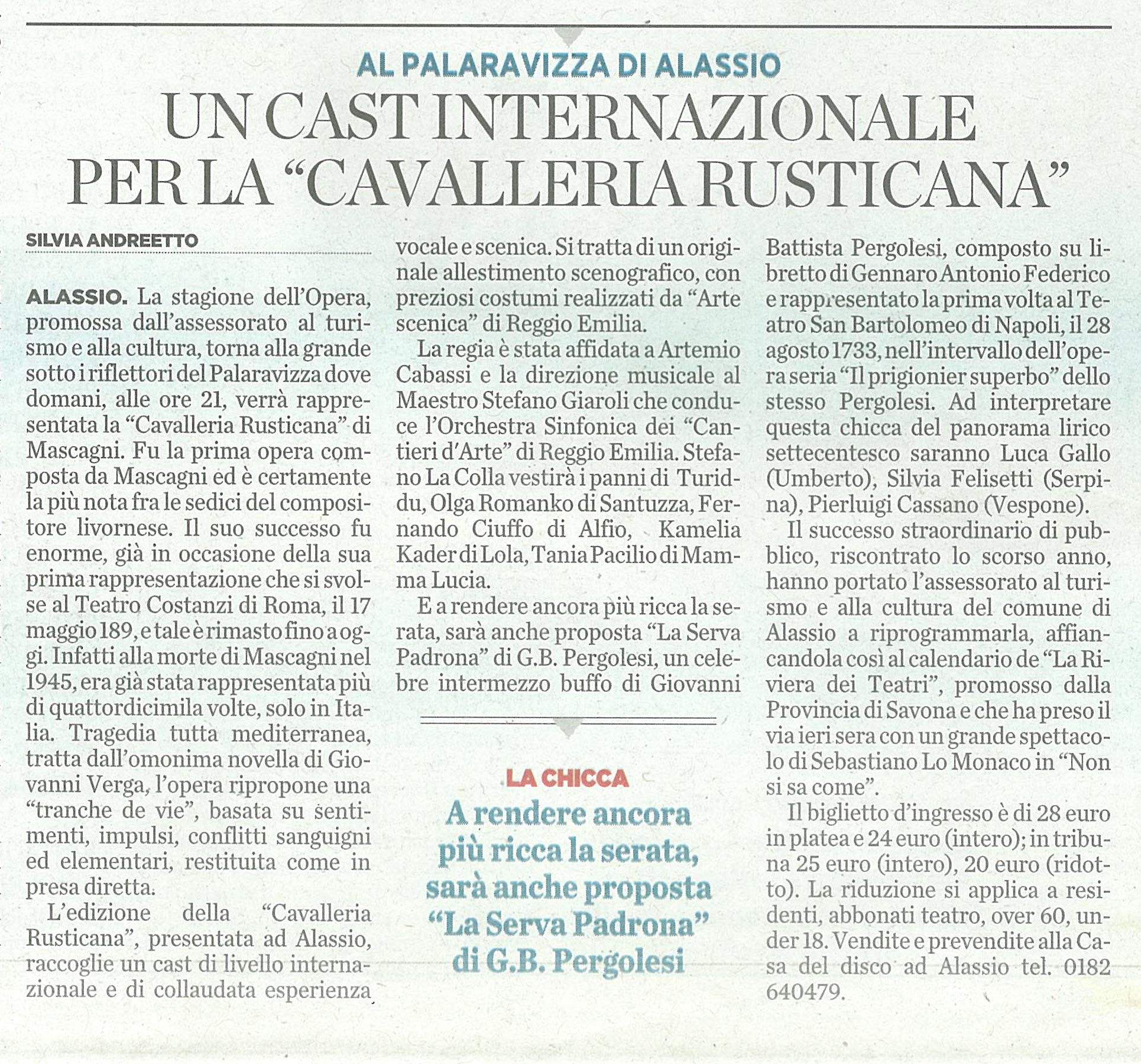 20.11.2010 – IL SECOLO XIX – Cavalleria Rusticana (Alassio)